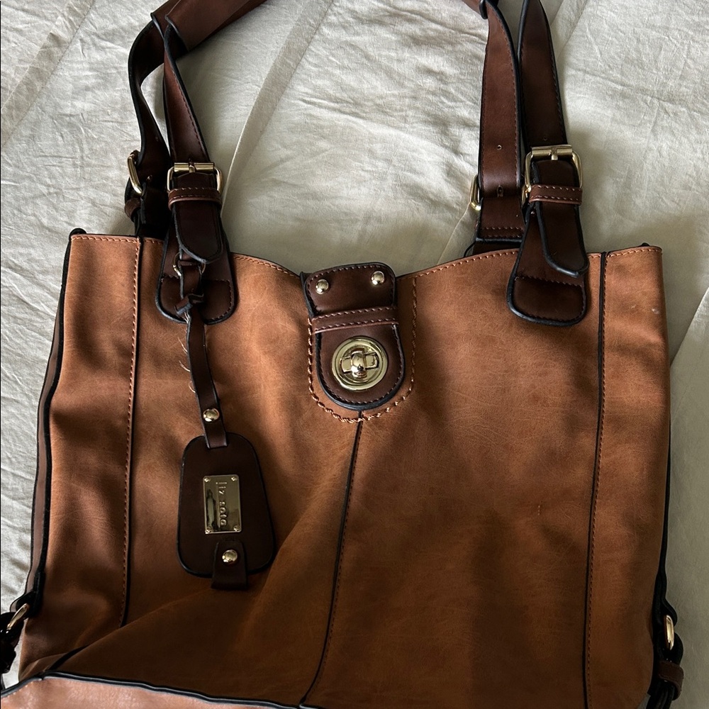 Brown Leatherette Shoulder Tote with Gold-Tone Turn-Lock